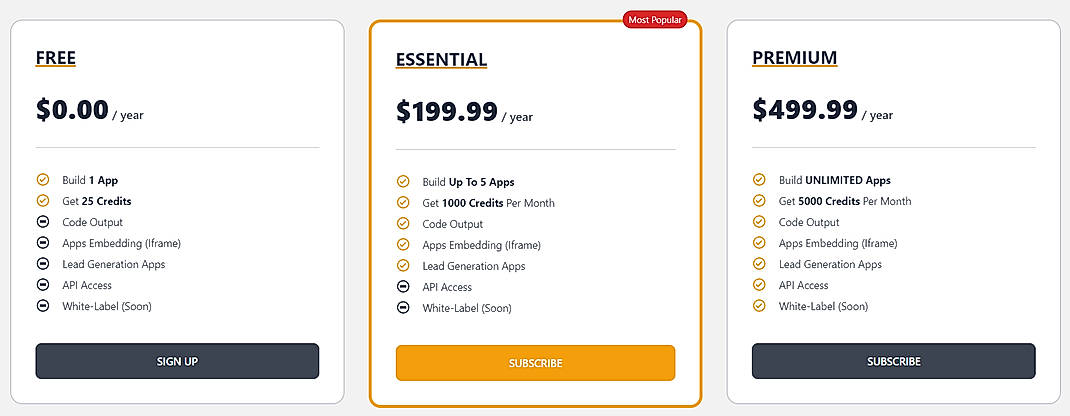 Pricing screenshot