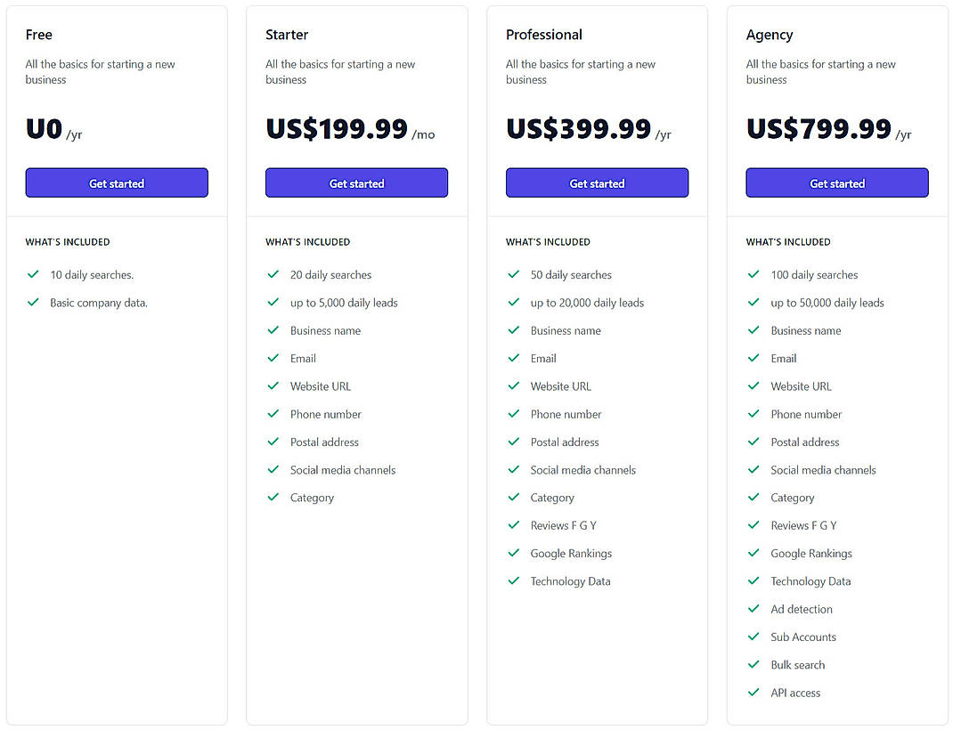 Pricing screenshot