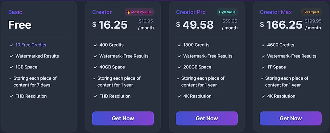 Pricing screenshot