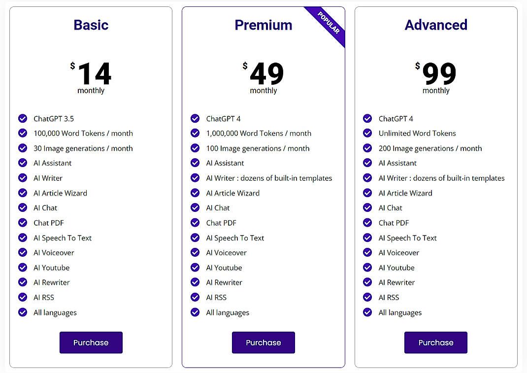 Pricing screenshot