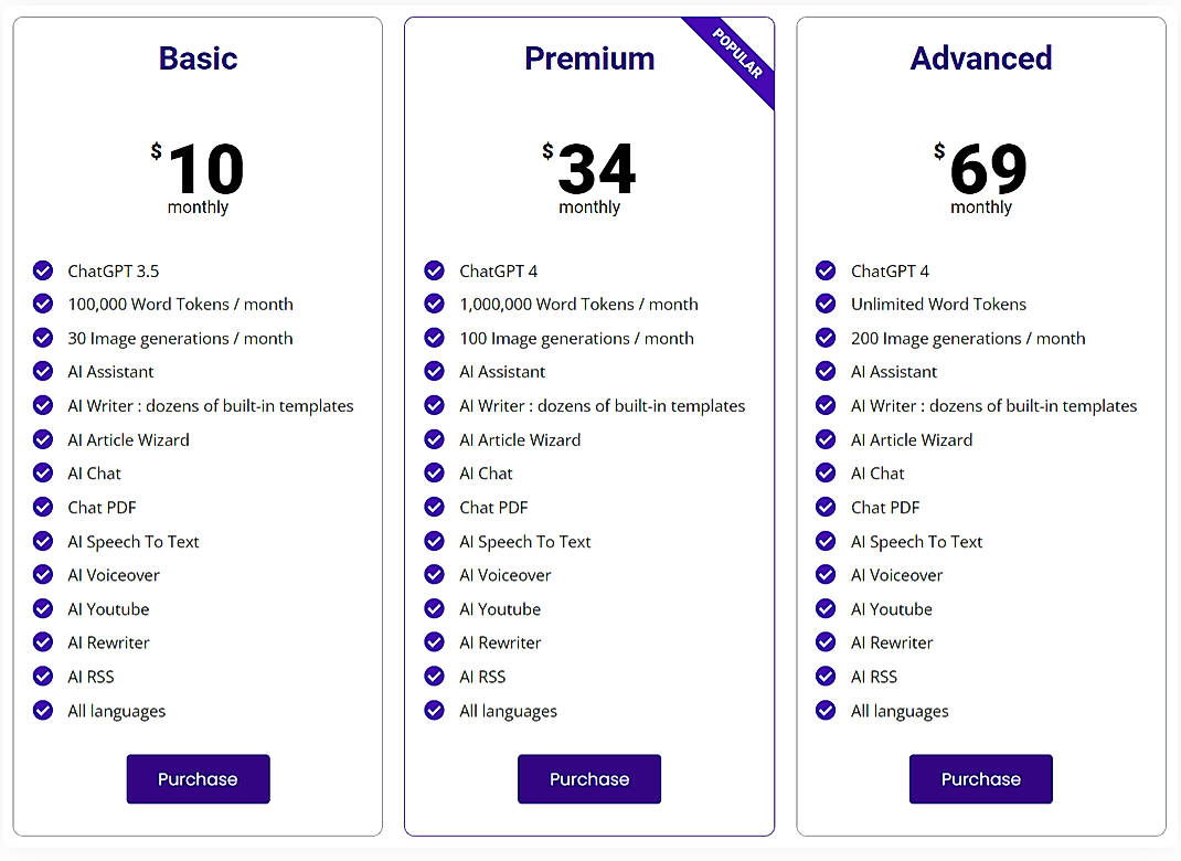 Pricing screenshot