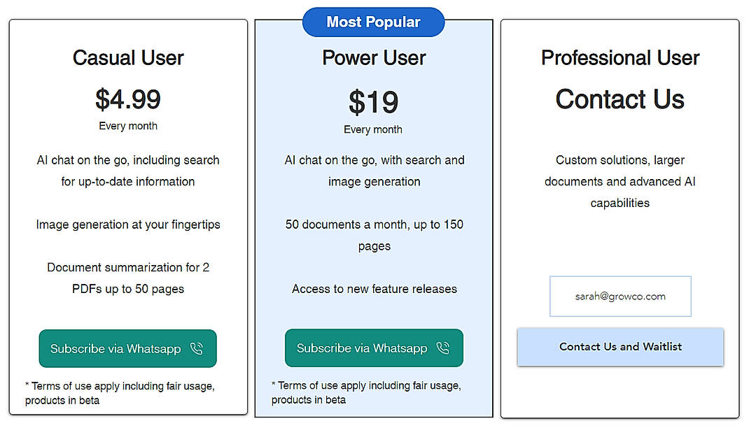 Pricing screenshot