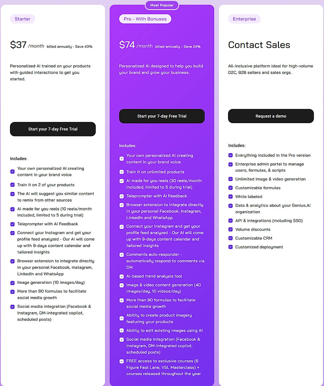 Pricing screenshot