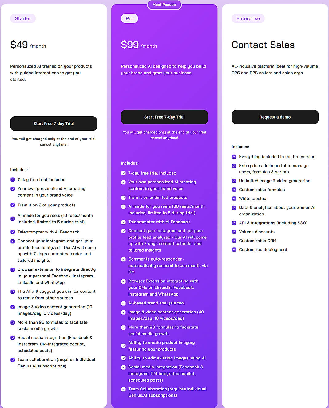 Pricing screenshot