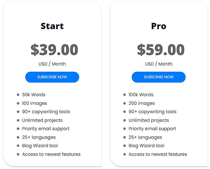 Pricing screenshot