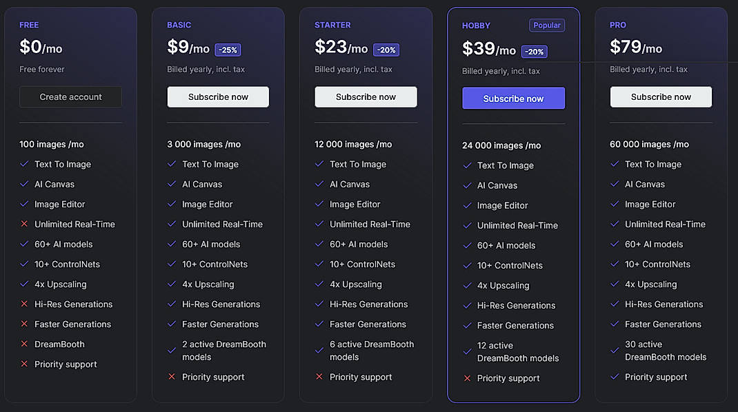 Pricing screenshot