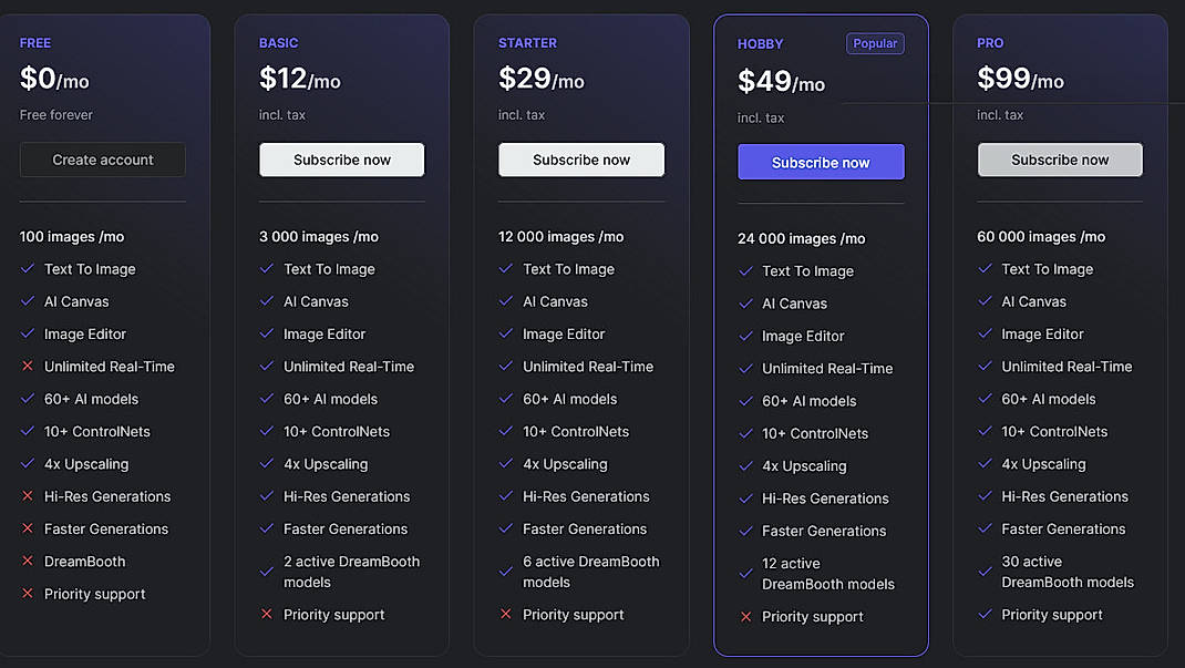 Pricing screenshot