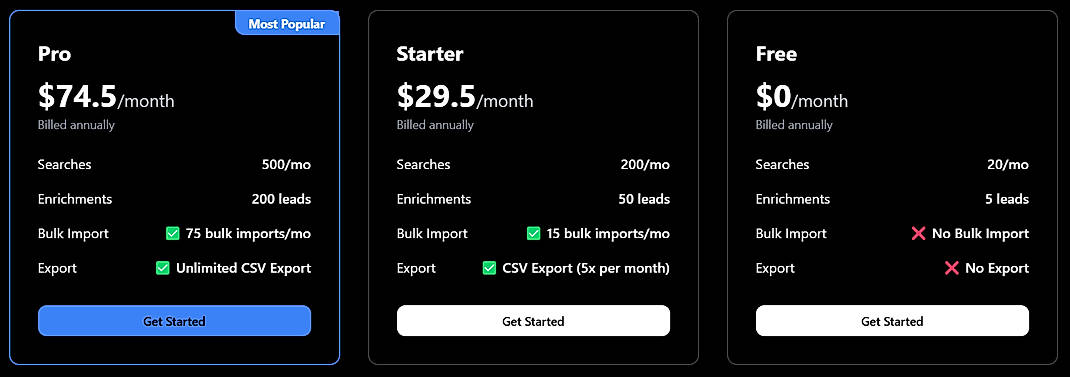 Pricing screenshot