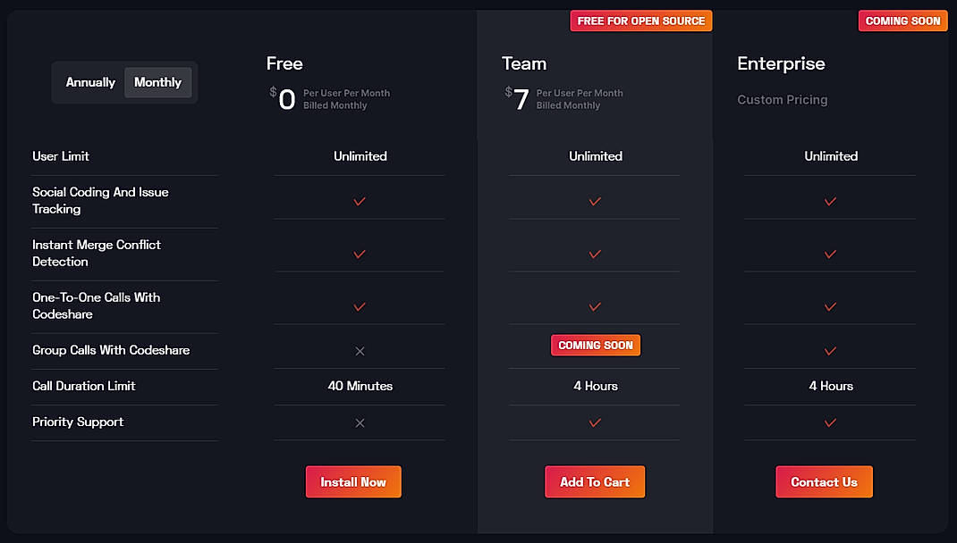 Pricing screenshot