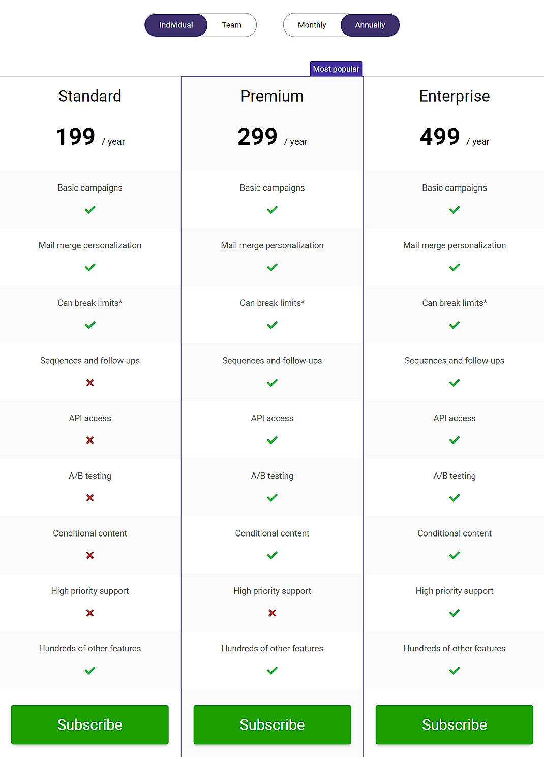 Pricing screenshot