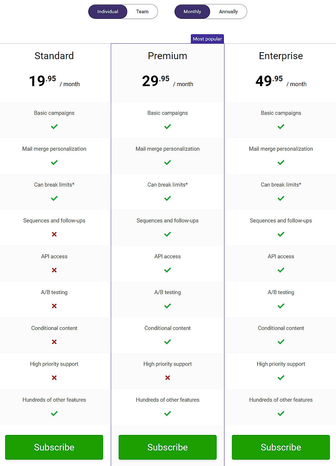Pricing screenshot