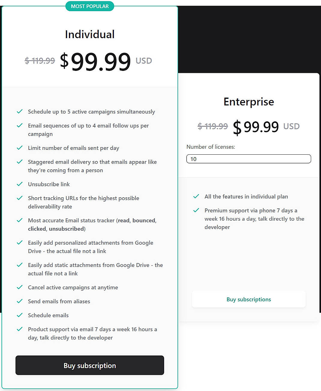 Pricing screenshot