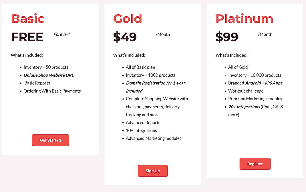 Pricing screenshot