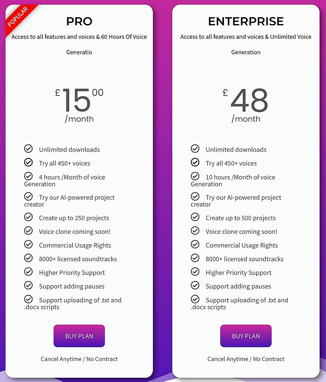 Pricing screenshot