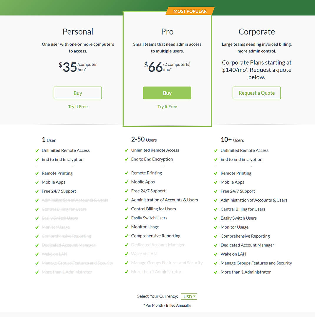 Pricing screenshot