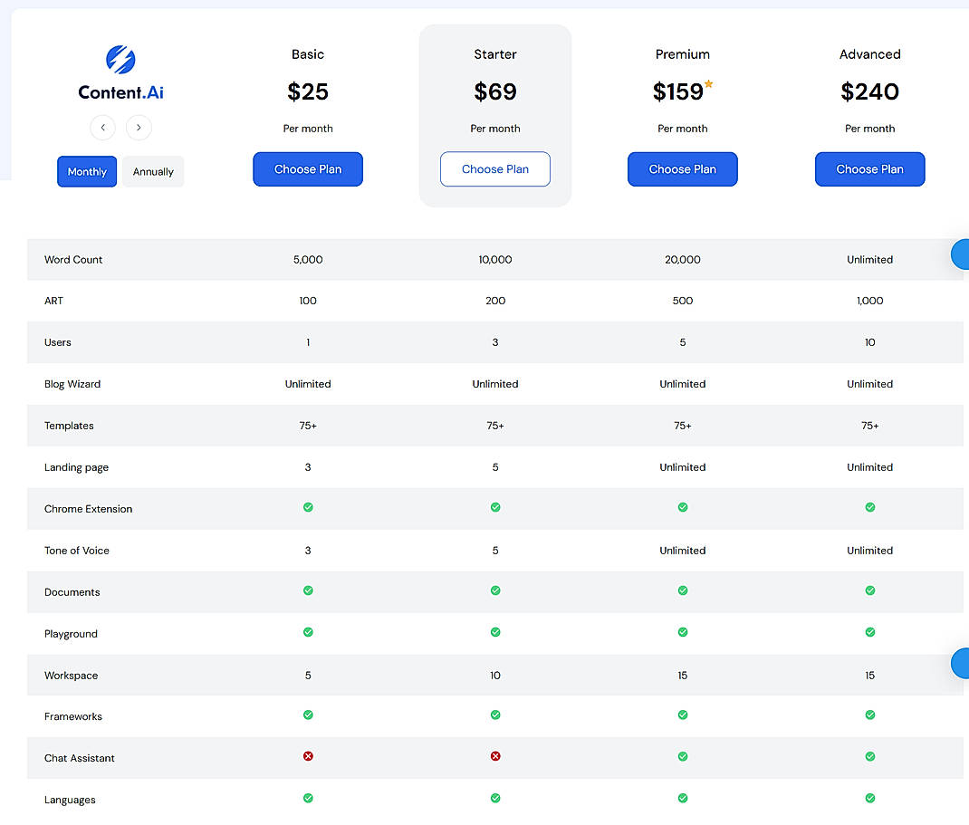 Pricing screenshot