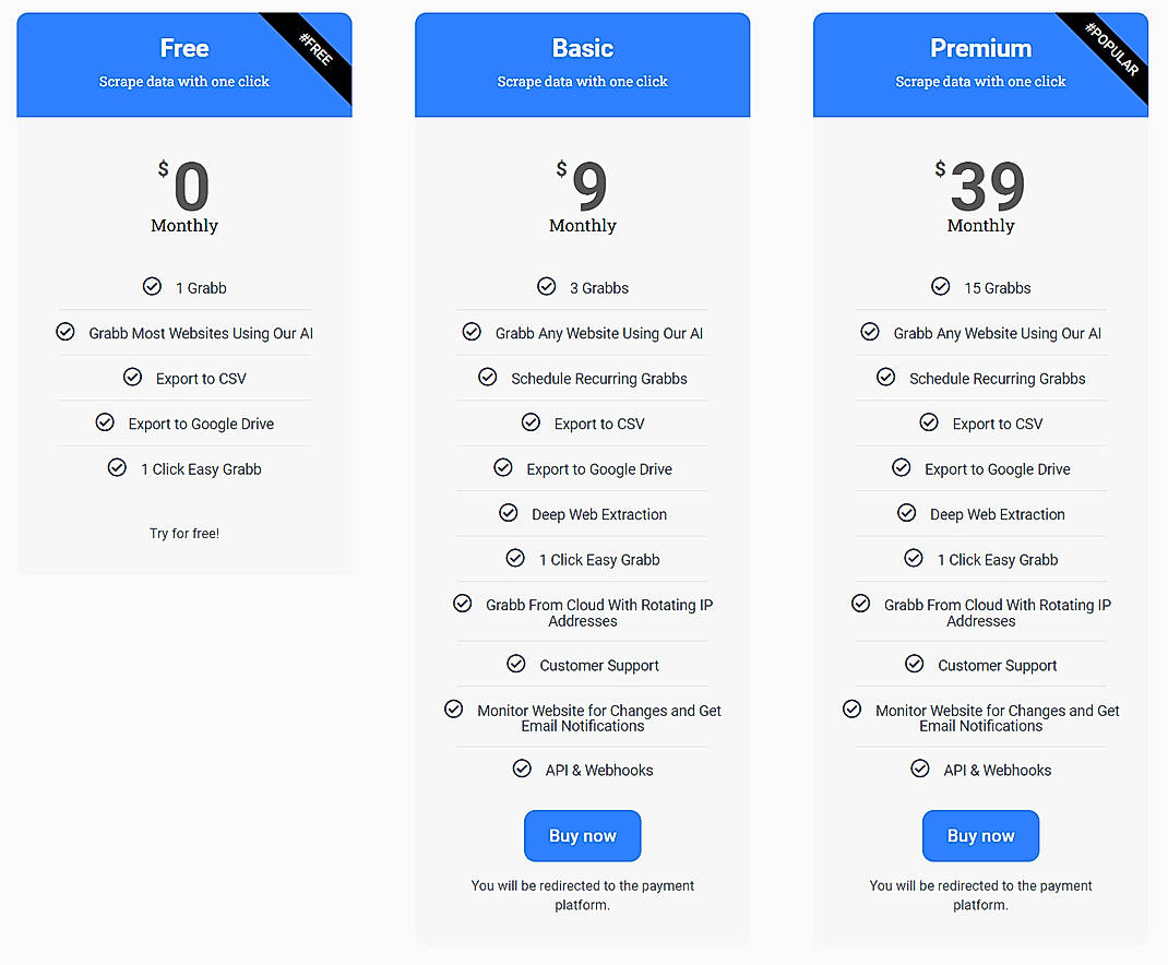 Pricing screenshot