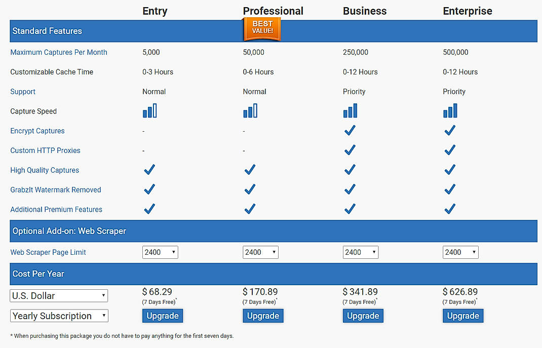 Pricing screenshot