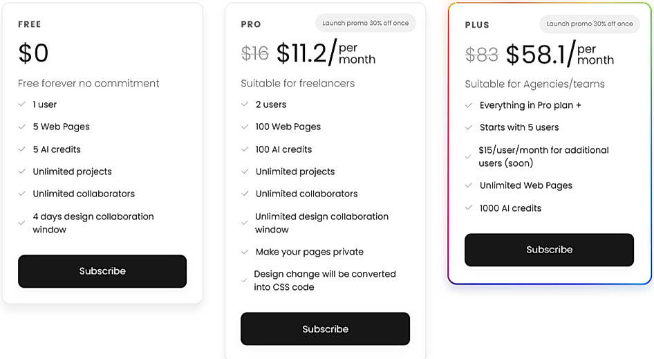 Pricing screenshot