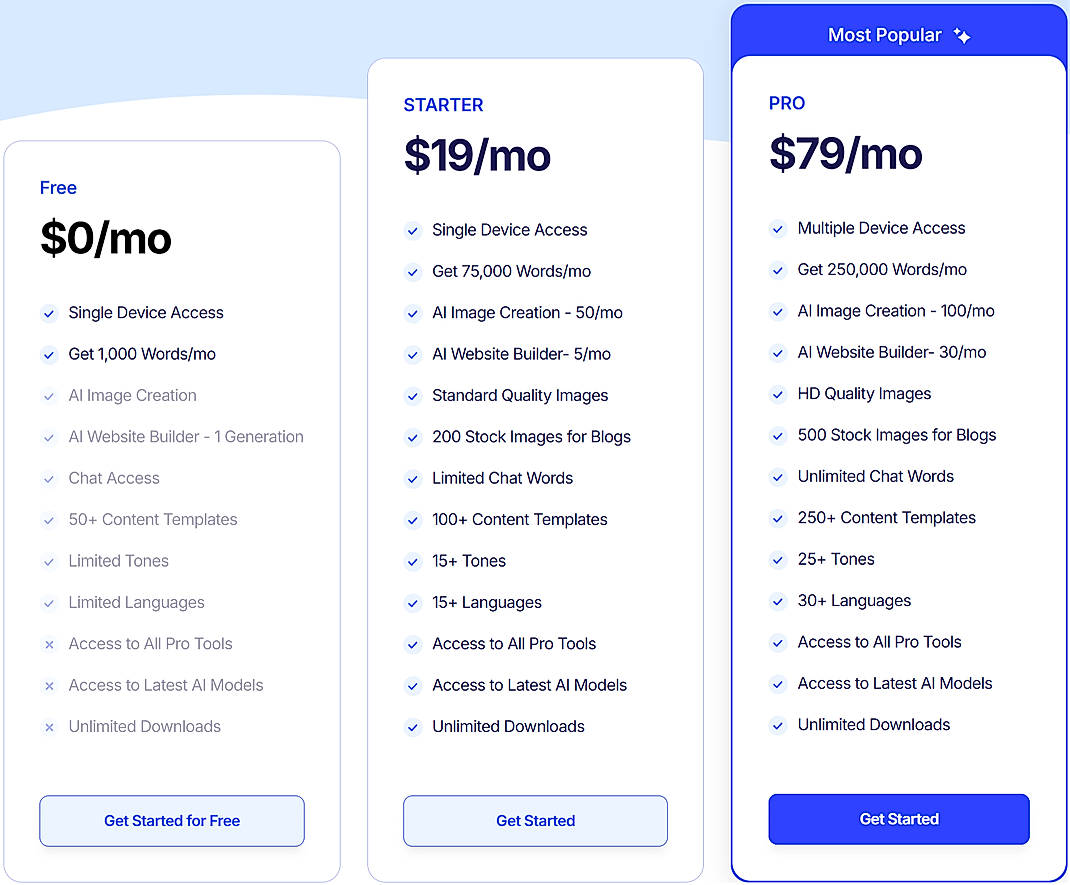 Pricing screenshot