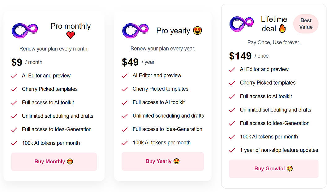 Pricing screenshot