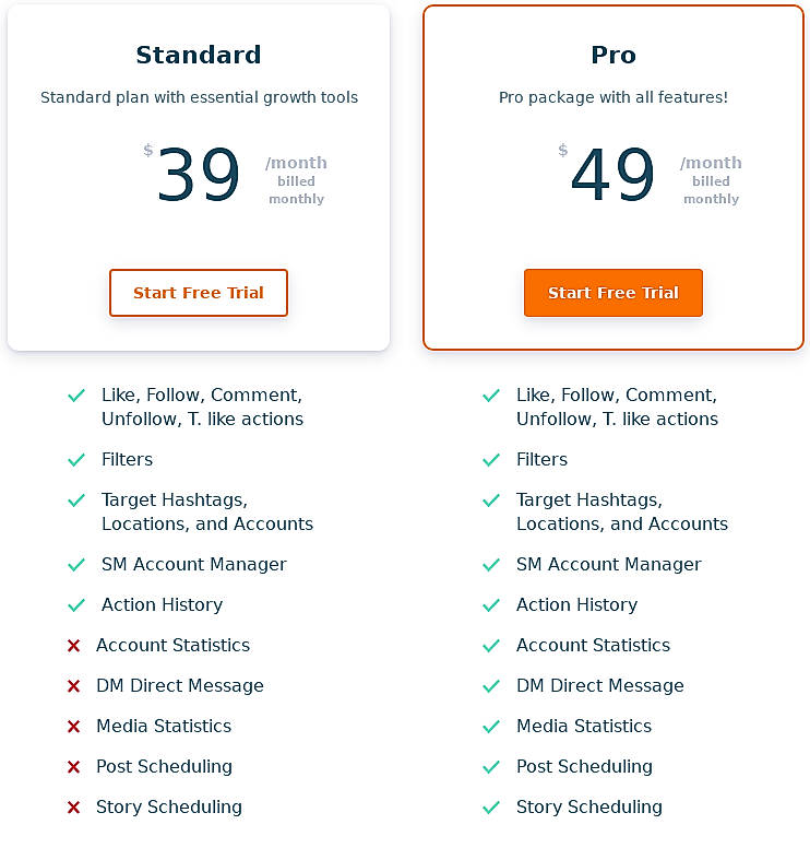 Pricing screenshot