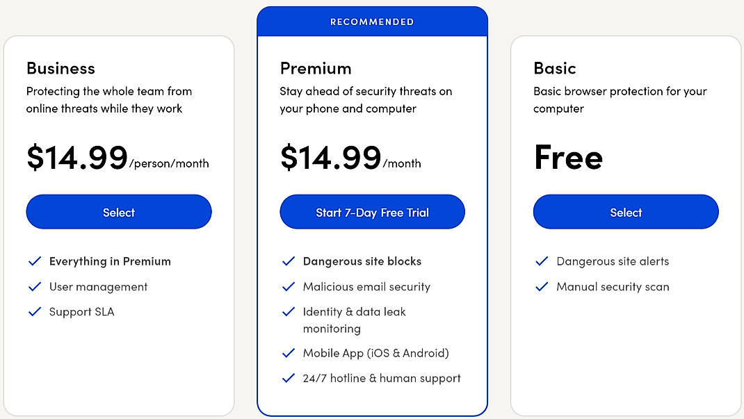 Pricing screenshot