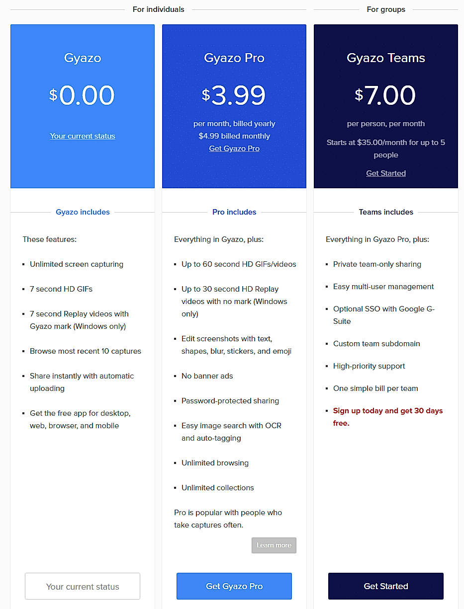 Pricing screenshot