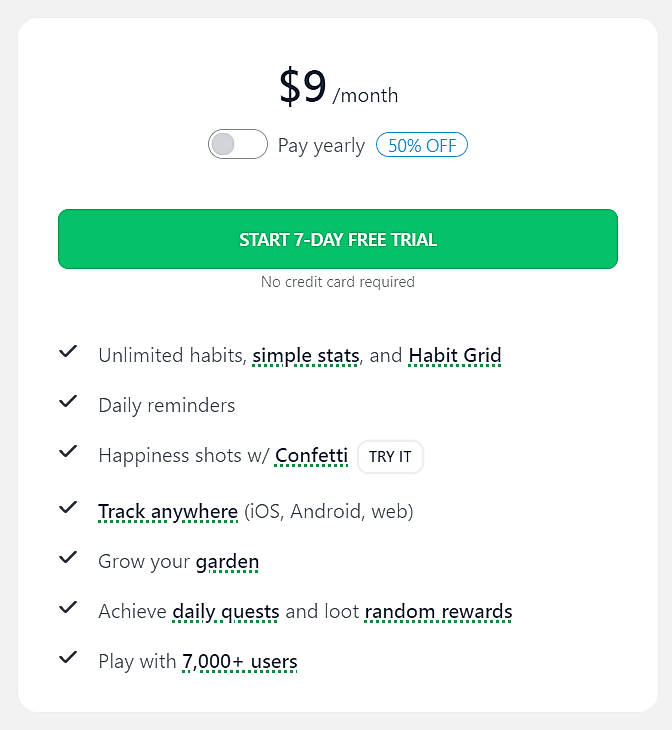 Pricing screenshot