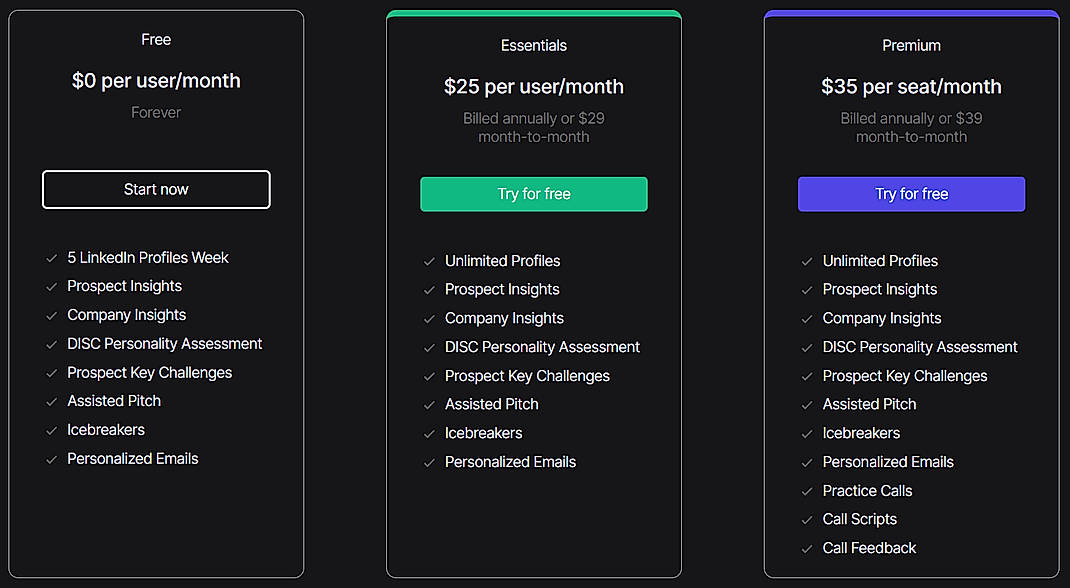 Pricing screenshot