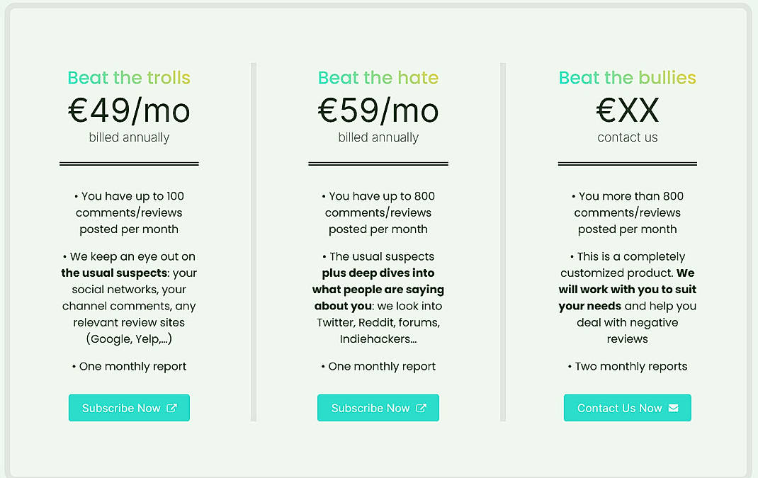 Pricing screenshot