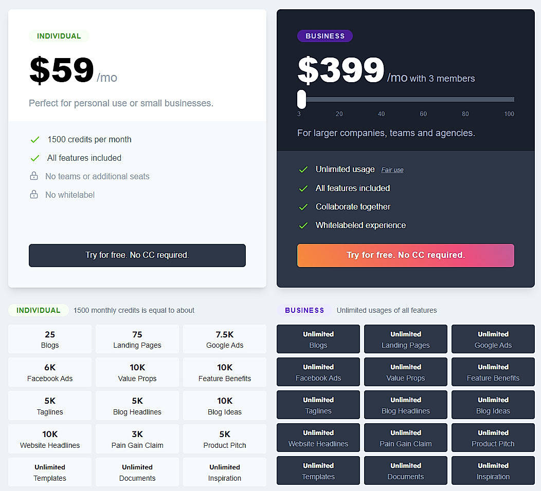Pricing screenshot