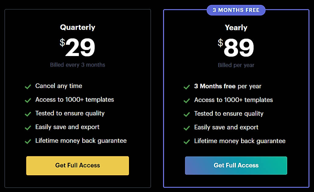 Pricing screenshot