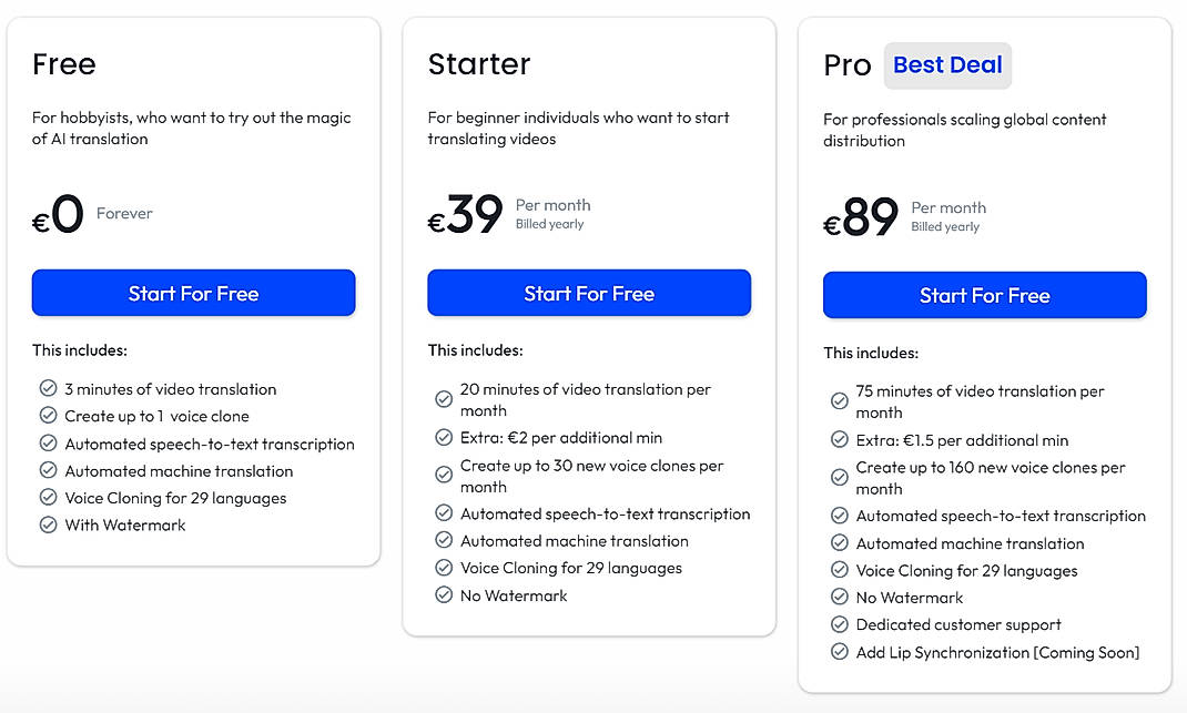 Pricing screenshot