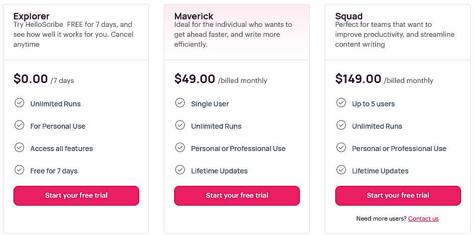 Pricing screenshot