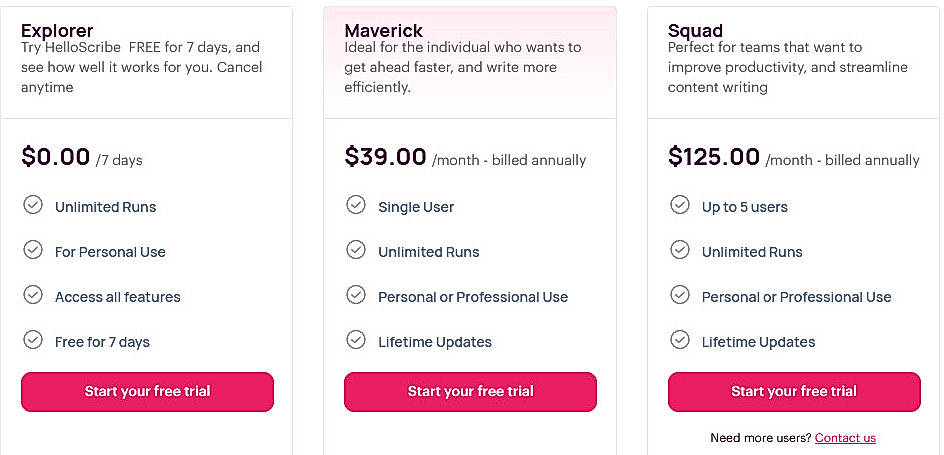 Pricing screenshot