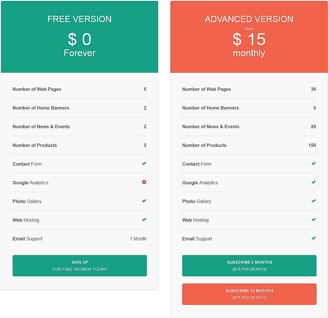Pricing screenshot