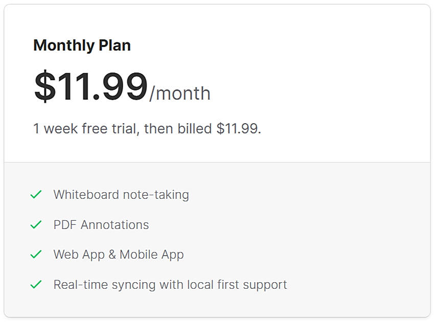 Pricing screenshot
