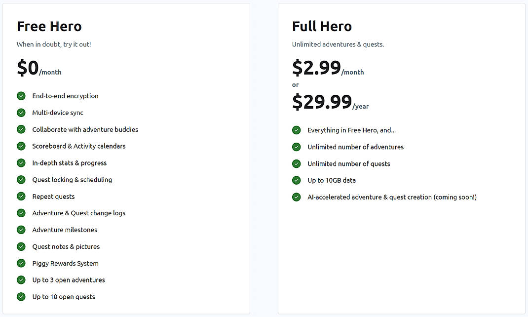 Pricing screenshot