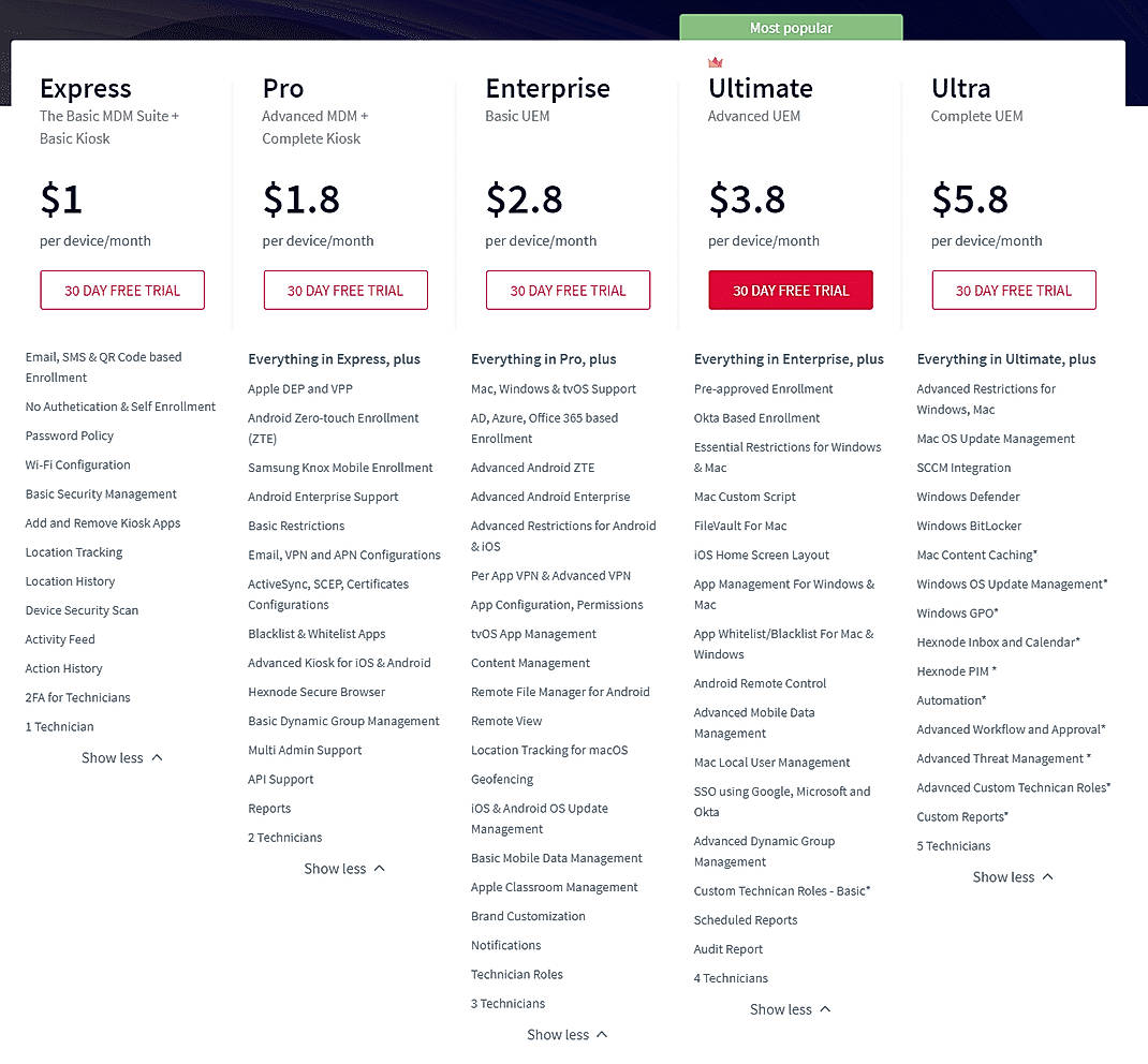 Pricing screenshot