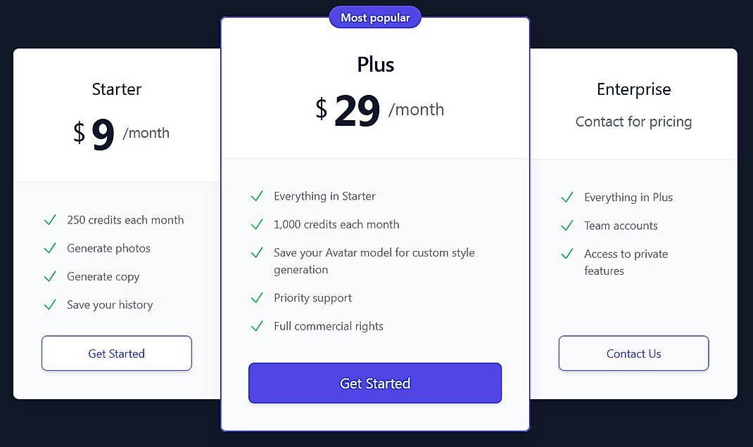 Pricing screenshot