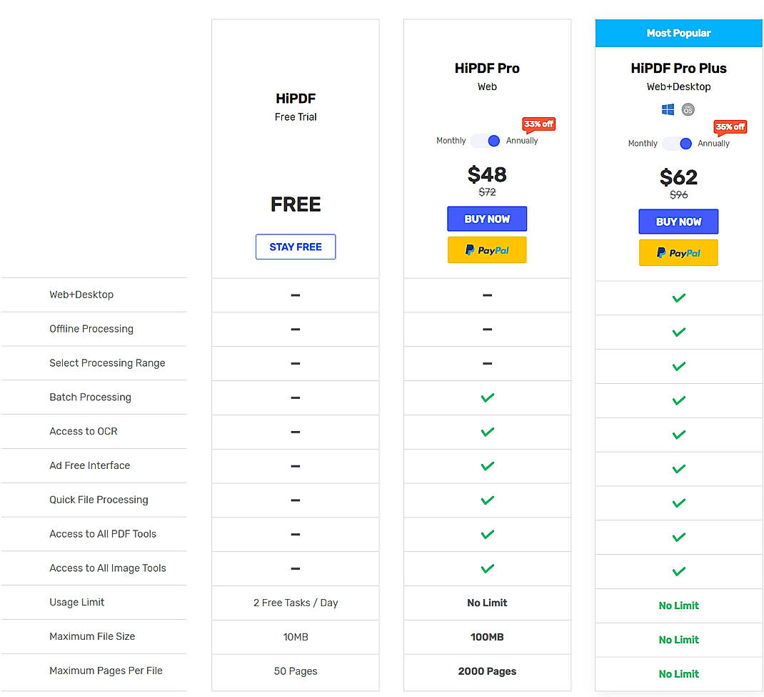 Pricing screenshot