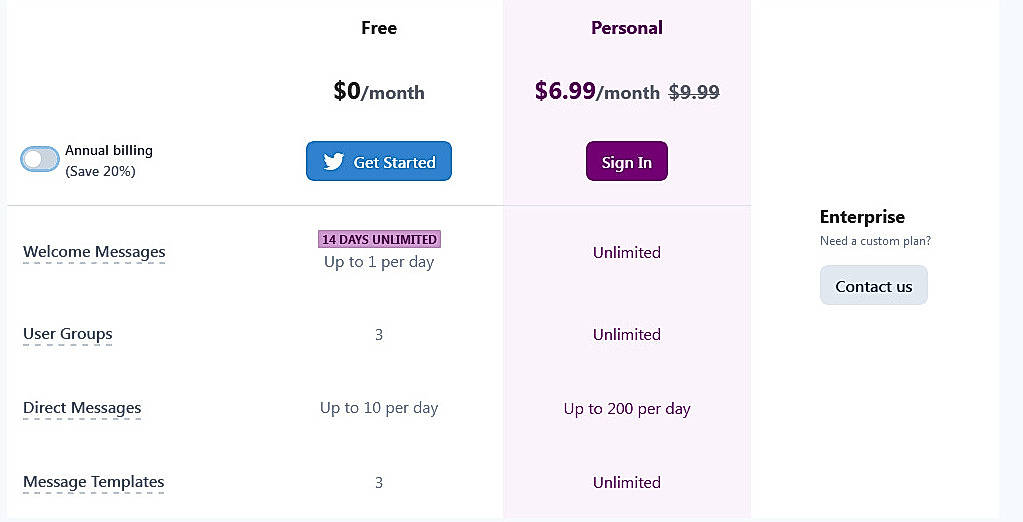 Pricing screenshot