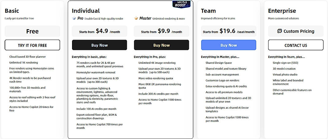 Pricing screenshot