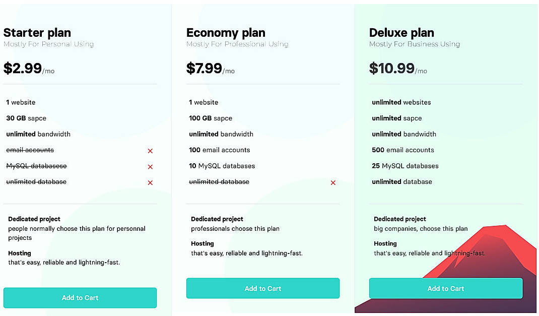 Pricing screenshot