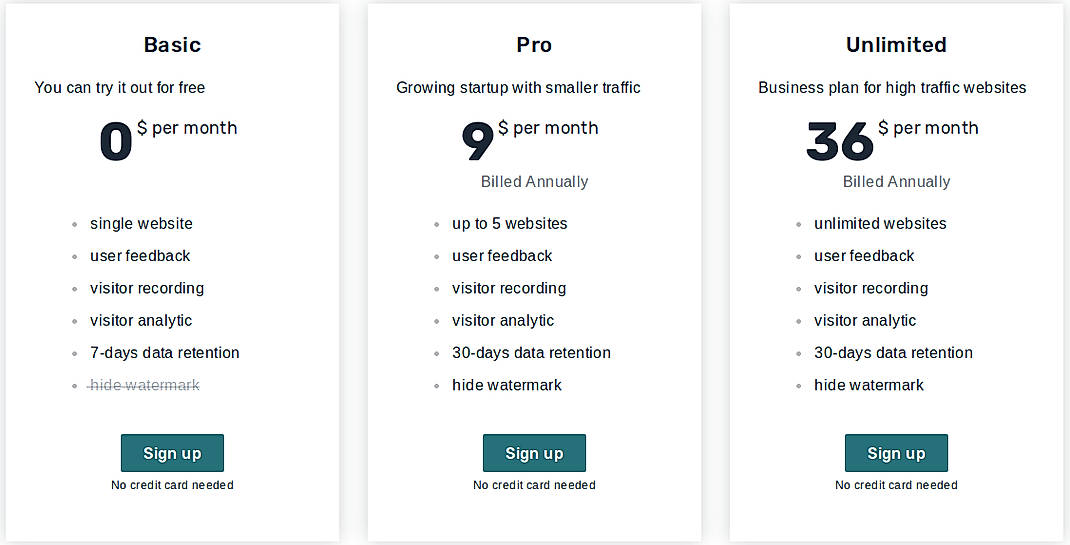 Pricing screenshot
