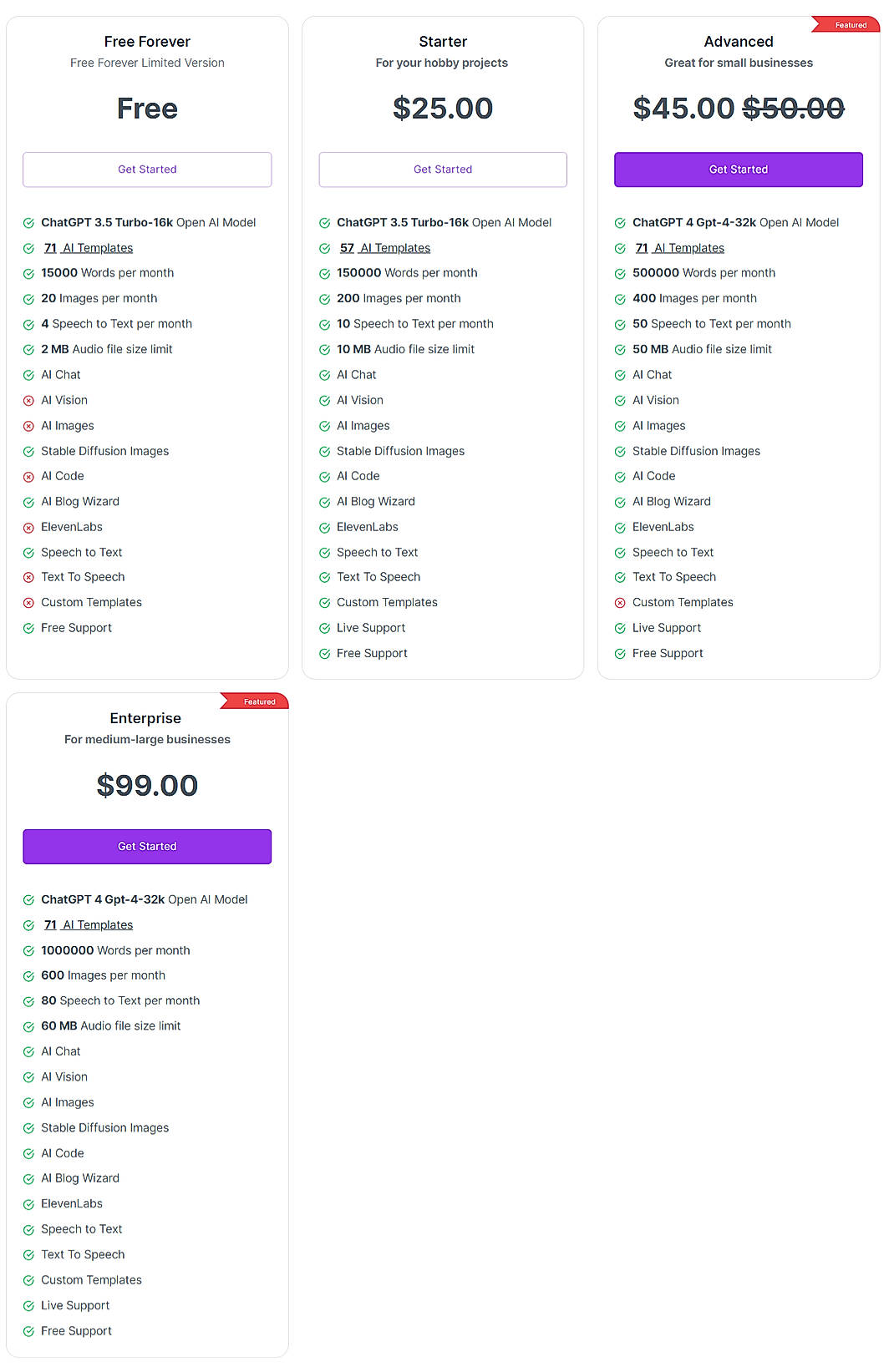 Pricing screenshot