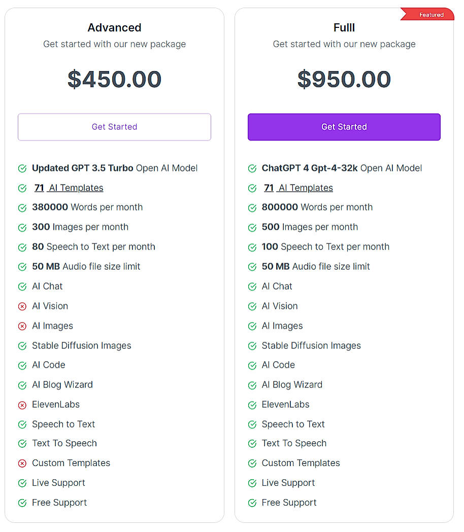 Pricing screenshot