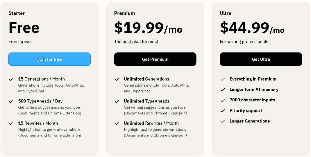 Pricing screenshot