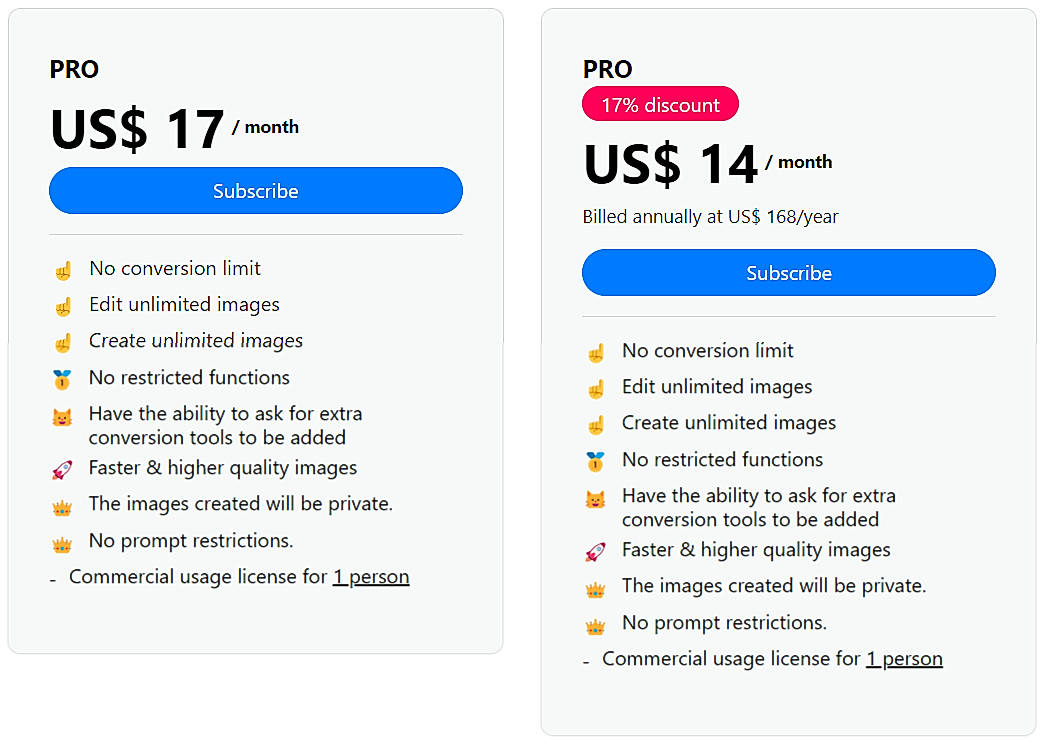 Pricing screenshot